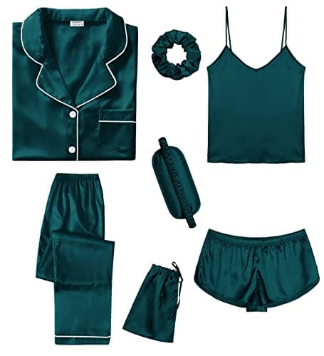 Image of SWOMOG Womens 7pcs Silk Satin Pyjama Set Short Sleeve Button Down Shirt Camisole Shorts Pants Pjs Set Eye Mask with Silky Hair Band Deep Green Medium