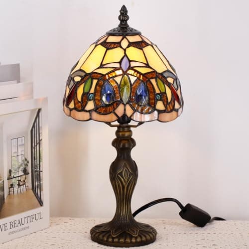 Image of TCODTPOL 8X15 Inches Small Tiffany Lamp Stained Glass Table Lamp Mini Desk Accent Light for Bedroom Bedside Reading Home Antique Style Decor (Serenity Victorian)