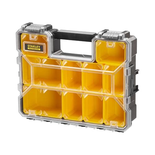 Image of STANLEY FATMAX Waterproof 10-Compartment Deep Professional Tool Organiser, Removable & Stackable Deep Storage Cups with Transparent Lid, for Small Parts and Tools Storage, 1-97-521
