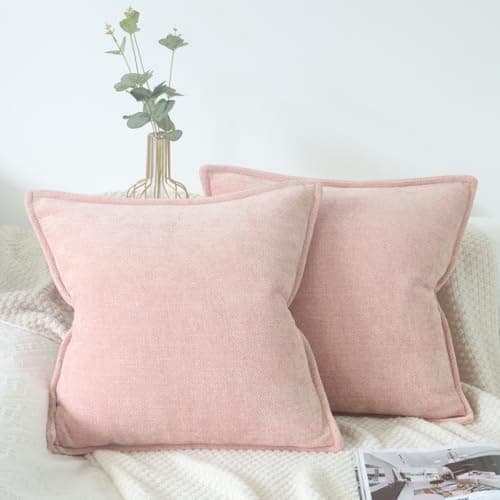 Image of OYIMUA 2 Pack Chenille Cushion Covers 50cm x 50cm Luxury Square Pillow Cases 20x20 Inches Pink Cushions for Modern Sofa Home Decoration