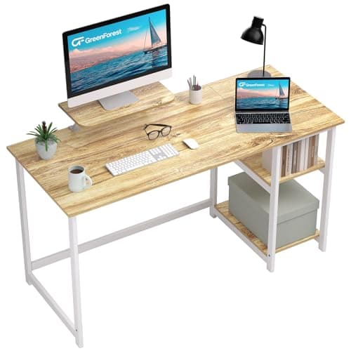 Image of GreenForest Office Desk with Monitor Stand,140cm Computer Desk with Reversible Storage Shelves,Study Desk for Home and Small Spaces,Oak