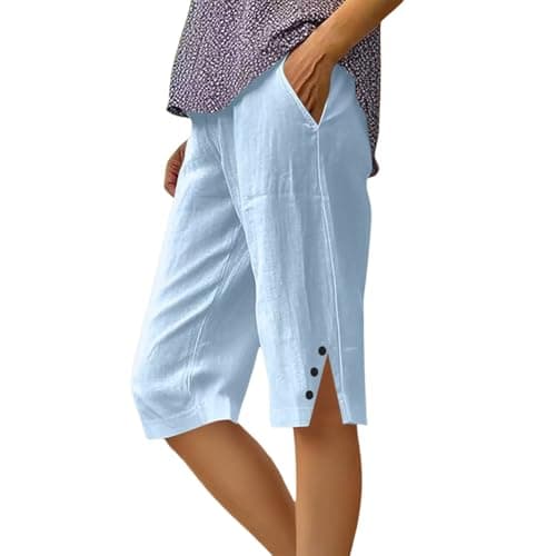 Image of YuchiFa Women Bermuda Shorts Knee Length Casual Summer Shorts with Pockets Loose Fit for Everyday Wear (Sky Blue,S)