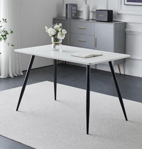 Image of Hallowood Furniture Cullompton Rectangular Marble Effect Top White Dining Table with Black Metal Legs, 4-6 Seater Small Marble Table for Dining rooms, Kitchens, or Cafés