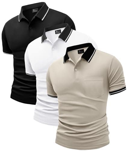 Image of JACKETOWN 3 Pack Mens Polo Shirts Short Sleeve Lightweight Breathable Golf Polo Casual Adult Multipack Tennis T Shirt Black White Beige