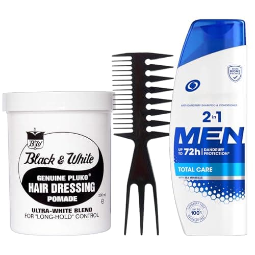 Image of Men's Hair Care Set with Black & White Pluko Pomade 200ml, Anti-Dandruff 2-in-1 Shampoo 250ml & Styling Comb – Long Hold Grooming Kit for Clean Scalp & Slick Styles