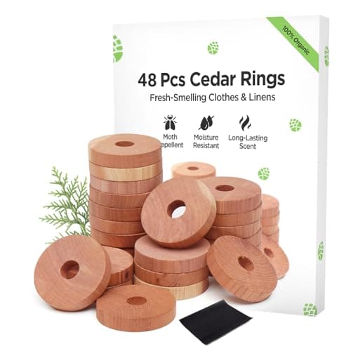 Image of Moth Repellent for Wardrobes 48 Cedar Rings for Clothes, Drawers, Storage Boxes - 100% Natural Cedarwood Moth Repellent, Aromatic Insect Repellent & Moth Killer Cedar Wood Rings - Sandpaper Included
