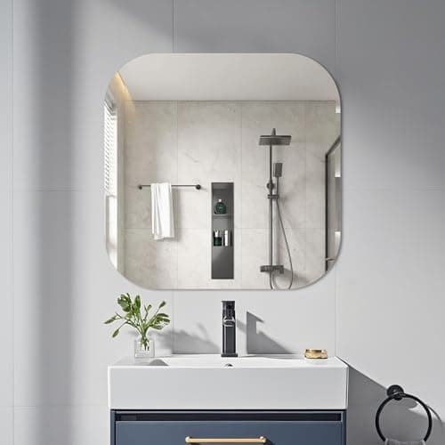 Image of yuzeyurun Frameless Bathroom Mirror, Square 50×50 CM HD Glass Frameless Wall Mirror for Bathroom Vanity, Entryway, Living Room, Home Decor