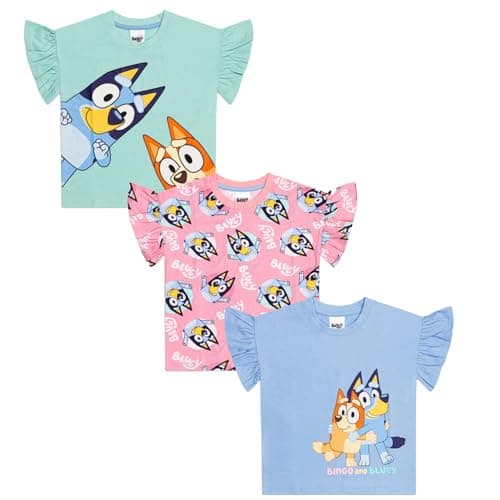 Image of Bluey Girls 3-Pack T-Shirts | Frilly Short Sleeve Tees | 100% Cotton T-Shirts Multipack| Ages 18 Months to 8 Years (2-3)