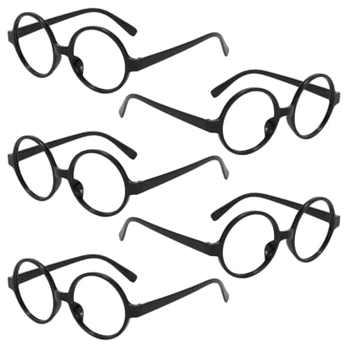 Image of SYEYCW 5 Pcs Black Round Glasses Lensless, Adult Wizard Halloween Round Plastic Black Glasses No Lenses, for Halloween Christmas Fancy Dress Costume Cosplay Accessory, for Adults Teenagers