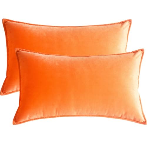 Image of Lutanky Orange Velvet Cushion Covers 30 x 50 cm Decorative Rectangle Throw Pillow Cover (Pack of 2) Soft Oblong Piped Pillowcases for Sofa Bedroom with Invisible Zipper 12x20 Inch