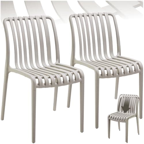 Image of tectake® Set of 2 Garden Chairs in Light, Airy Design, Outdoor Chairs in Weather-Resistant Plastic with Slatted, Curved Seat, Stackable Garden Chair Set for Backyard, Patio, Balcony - Taupe