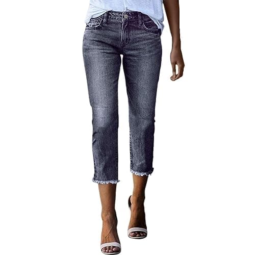 Image of Womens Mid Rise Capris Jeans Summer Slim Fit Straight Leg Cotton Denim Trousers Stretchy Distressed Raw Hem Cropped Jeggings Comfortable Skinny Trouser with Pockets Grey