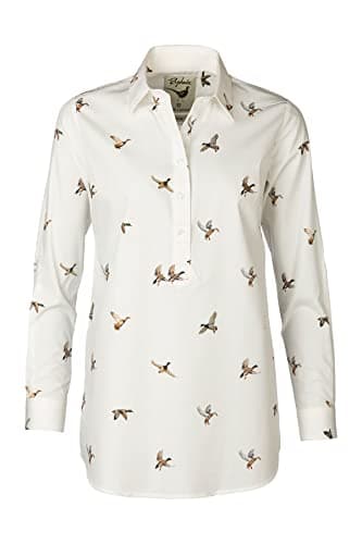 Image of Rydale Ladies Printed Overhead Shirt Women’s Button Shirts Blouse Animal Print White Tops Tunic (as8, Numeric, Numeric_22, Regular, Regular, Flying Ducks White)