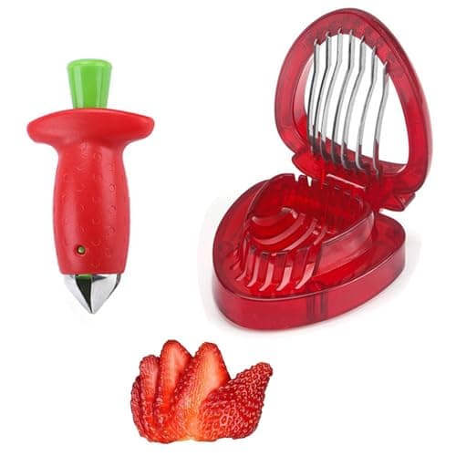 Image of 2 Pcs Strawberry Huller Set, Stainless Steel Strawberry Stem Remover and Slicer, Easy to Use Strawberry Cutter Tool for Fruit Prep, Kitchen Gadget for Kids and Adults – Dishwasher Safe