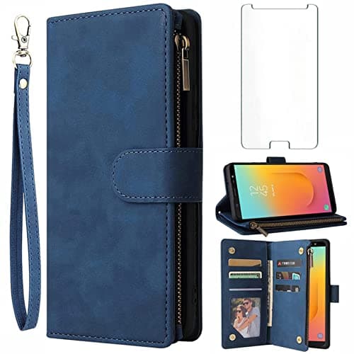 Image of Asuwish Compatible with Samsung Galaxy A6 Plus/J8 2018 Wallet Case and Tempered Glass Screen Protector Flip Cover Card Holder Stand Cell Accessories Phone Cases for Gaxaly A6+ A6Plus 6A + Women Blue