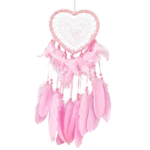 Image of Pink Dream Catcher,Lovely Heart Shape Dreamcatcher Handmade Lace Dream Catcher Feather Bead Wall Hanging Boho Woven Art Ornament Gift Craft Dreamcatcher Wind Chimes for Bedroom Decor