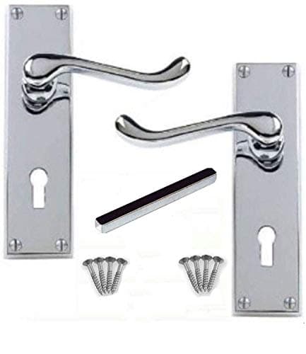 Image of IRONZONE® A Set of Quality Polished Chrome Victorian Scroll Lever Lock Door Handles, Includes fixings and Fittings for Internal Doors