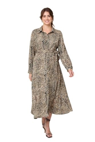 Image of Izabel London Animal Print Tie Waist Midi Shirt Dress for Women UK with a tie Waist, a Collar and Long Sleeves. Green