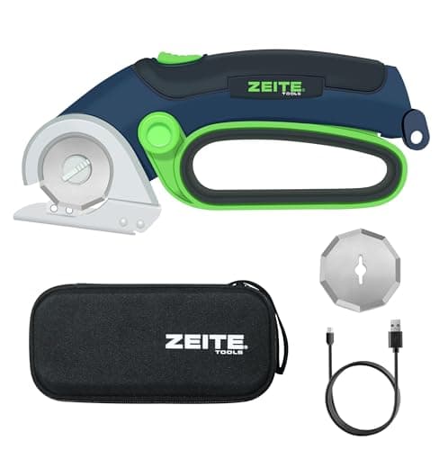 Image of ZEITE 4V Cordless Electric Scissors, Cardboard Cutter with 2 x Blade, 1 x Storage Box, 1 x USB Charging Cable, Electric Cutter, Power Rotary Scissors for Box Carpet Plastic, Easy to Hold and Safety