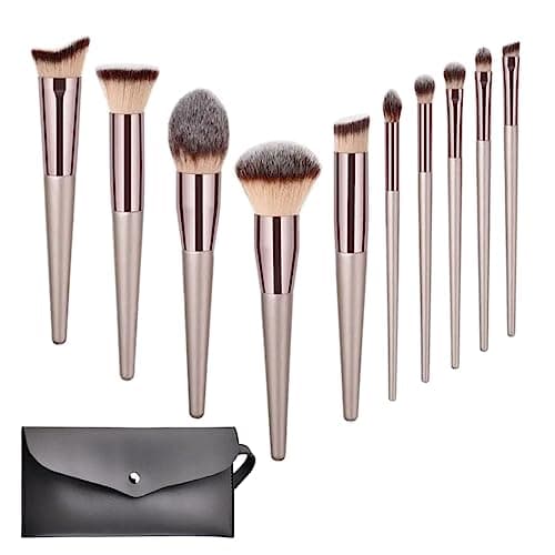 Image of Makeup Brush Set with Blush, Contour, Foundation, Flat, Angled, Blending, Definer & Concealer Make up Brushes - Synthetic Bristles, Champagne Gold, Pouch Included - Professional & Vegan-Friendly