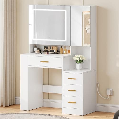 Image of YITAHOME Dressing Table with Dual Mirror & LED Lights, Vanity Table with Drawers & Jewelry Cabinet, Makeup Desk for Bedroom/Apartment/Dressing Area, White, 90 x 40 x 140cm