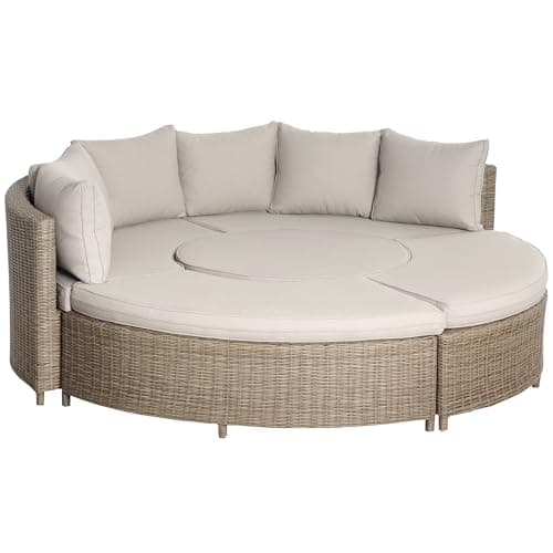 Image of Outsunny 5 Pieces Outdoor PE Rattan Round Garden Daybed with Cushions, Aluminium Patio Furniture Set Lounge Chair Conversation Sofa Set with Liftable Coffee Table and Protect Cover, Grey