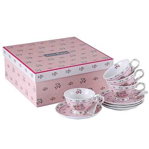 Image of London Boutique Tea cup and Saucer set 4 Afternoon Tea Set Shabby Chic Vintage New Bone China Porcelain Rose Flora Gift (Rose Pink)