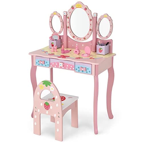 Image of Maxmass Kids Dressing Table and Chair, 2-in-1 Vanity Table with Tri-Fold Mirror, 3 Drawers and 2 Storage Boxes, Girls Makeup Desk & Chair Set for Children Toddlers (Pink)