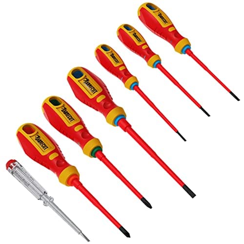 Image of 7 x SabreCut SCVDE07A Fully Insulated SlimDrive Electricians VDE Screwdrivers Set with Ergonomic Soft Grip Heavy Duty Handles Slotted SL3.0 SL3.5 SL4.0 SL5.5 Phillips PH2 Pozidriv PZ2 & Tester