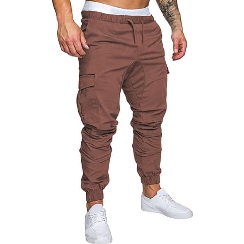 Image of VYLYNL Mens Cuffed Cargo Trousers - Relaxed Fit Tactical Combat Trousers Elasticated Multi Pockets Tracksuit Bottoms Outdoor Tapered Work Pants Stretch Lightweight Jogging Bottoms Sweatpants Brown