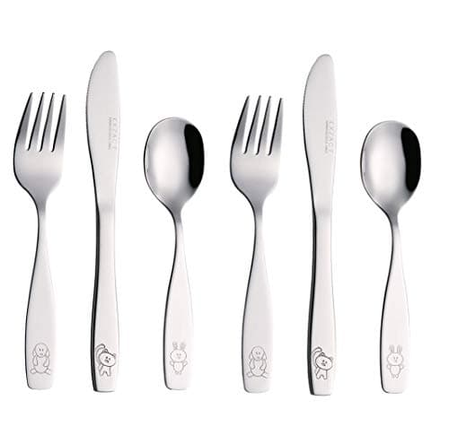 Image of Exzact Children's Cutlery Stainless Steel 6pcs Set/Kids Cutlery/Toddler Utensils/Flatware - 2 x Forks, 2 x Safe Dinner Knives, 2 x Dinner Spoons - Engraved Dog Cat Bunny Design, WF850