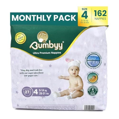 Image of Baby Nappies Size 4 Bumbyy 162 Pack – Ultra-Absorbent Leak-Proof Nappies for Sensitive Skin, Hypoallergenic & Dermatologically Tested Soft Thin 12hr Dry Baby Diapers for Babies 9–14kg