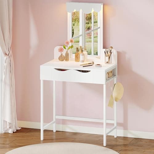 Image of YITAHOME Vanity Desk with LED Mirror, Cloud-Wave Design, 3-color Light, Ample Storage, Ideal Girly Bedroom Set for Makeup Lovers, Stylish, Functional, 70 x 40 x 140cm, White