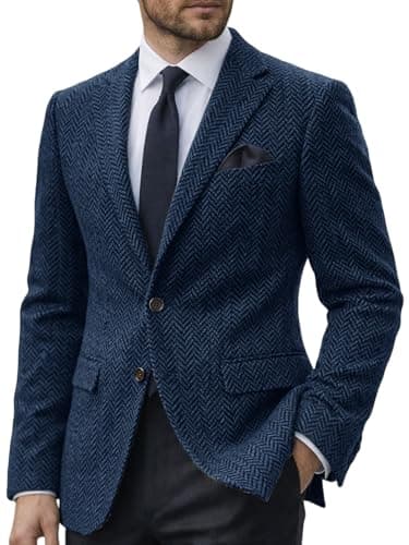 Image of DRCUIVS Men's Herringbone Tweed Blazer Wool Blend Tailored Fit Single Breasted Two Button Suit Jacket Business, Navy, 4XL