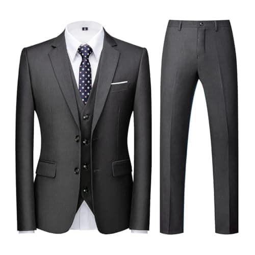 Image of Men Suits 3 Piece Slim Fit Single Breasted Two Button Dark Grey Wedding Tuxedo Suit Blazer Waistcoat Trousers(Dark Grey,Medium)