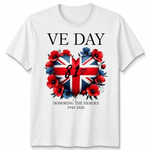Image of D&T VE Day 81st Anniversary T-Shirt Union Jack Flag WWII Remembrance Victory in Europe 1945-2026 UK Patriotic Celebration Commemoration Vintage Apparel for Mens Women Kids Adults #2 - L White