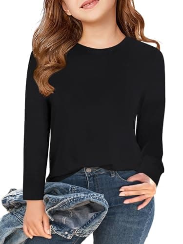 Image of Haloumoning Girls' T-Shirt Long Sleeve Crew Neck Tops Kids Plain Cute Casual Basic Tees 5-14 Years, Black, 13-14 Years