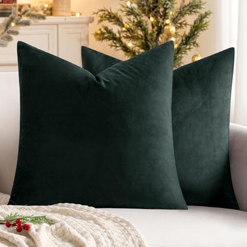 Image of MIULEE Decorative Velvet Cushion Covers 45cm x 45cm/Square Throw Pillowcases for Sofa Bedroom with Invisible Zipper 18x18 Inch Dark Green Sets of Two