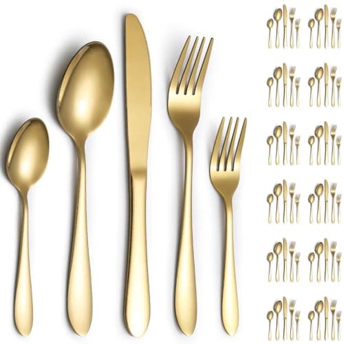 Image of Cutlery Set 60 Pieces Service for 12, ReaNea Gold Flatware Set, Titanium Plating Cutlery Set Include Dinner Knives, Dinner Spoons, Dinner Forks, Teaspoons, Dessert Forks, Dishwasher Safe
