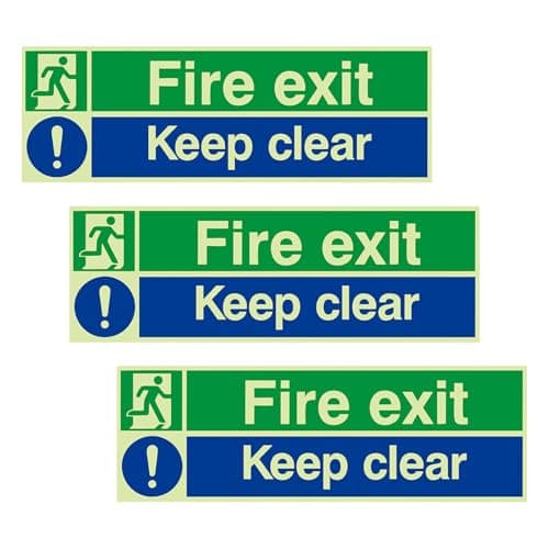 Image of 3 Pack Fire Exit Keep Clear Sign, Fire Exit Sign Glow in the Dark, 30cm x 10cm Self Adhesive Rigid Plastic, Ideal for Offices Buildings Warehouses and Public Spaces, Easy Installation