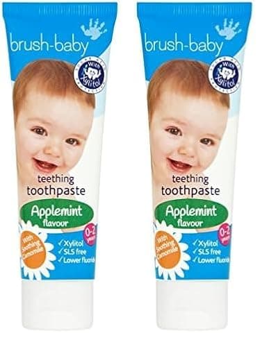 Image of Brush-Baby Teething Toothpaste for Babies & Toddlers | Stage 2-Teething | 0-2 Years | Applemint Flavour. Xylitol & Fluoride for Strong Teeth, Healthy Gums & Fresh Breath | 50ml (Pack of 2)