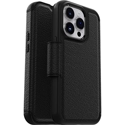 Image of OtterBox Strada Case for iPhone 14 Pro, Shockproof, Drop proof, Premium Leather Protective Folio with Two Card Holders, 3x Tested to Military Standard, Black - Non-Retail Packaging