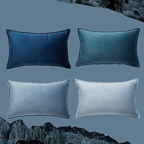 Image of Topfinel Boho Cushions Covers for Bed Velvet Pillowcase 30x50cm Soft Sofa Chair Blue Fluffy Cushion Cover Set of 4 Rectangle Cushions Livingroom
