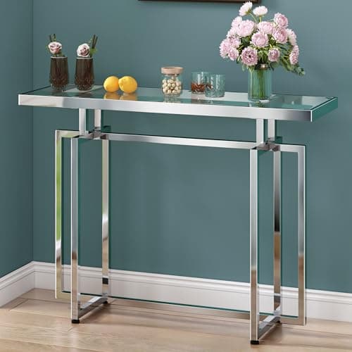 Image of ASYA Glass Entrance Table, Modern Console Table for Entryway with Tempered Glass & Chrome Frame, Silver Sofa Table for Living Room Hallway
