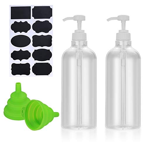 Image of 2 Pcs Shampoo and Conditioner Bottles, 1000ml Empty Plastic Refillable Handwash Shower Soap Pump Bottles Dispensers for Cleaning, Travel, Liquids, with Silicone Funnel and Labels
