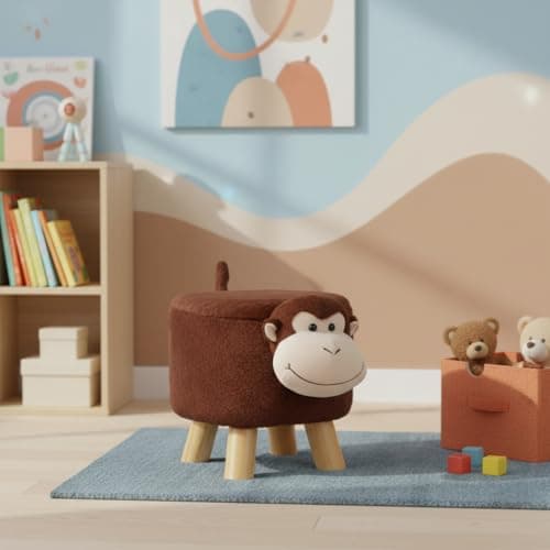 Image of Wooden Animal Stool - 30cm Monkey Design, Plush Faux Fur Seat with Removable Washable Cover, Child-Safe Durable Wooden Frame, Decorative Chair for Kids, Lightweight and Easy to Move
