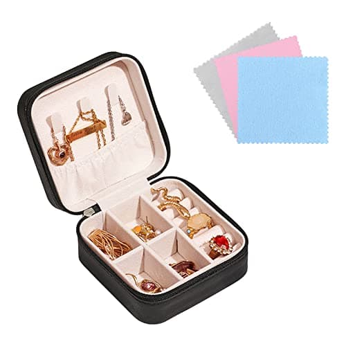 Image of FuninCrea Jewellery Box Organiser for Women, Mini PU Leather Travel Jewelry Storage Case with 3pcs Silver Cloth for Rings Earrings Necklace, Portable Jewelry Case for Girl, Wife, Mother (black)