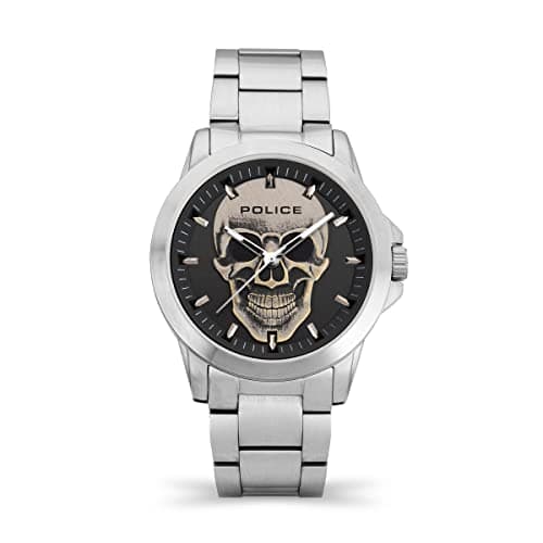 Image of Police Flick Mens Watch with Skull Design Black Dial and Stainless Steel Bracelet, 47mm Stainless Steel Case in Branded Watch Box PEWJG2194803-2 Year Warranty