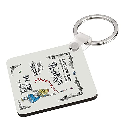 Image of Alice in Wonderland Have I Gone Mad Birthday Gift Secret Santa Bonkers Hearts Key Ring Keychain MDF Key ring Keepsake,Birthday Present. (MDF Keyring)