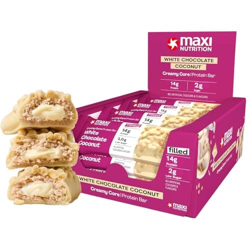 Image of MaxiNutrition Creamy Core Protein Bar - Low in Sugar - 14g High Protein - White Chocolate Coconut, 208 kcal per Serving, 12 x 45g NO ARTIFICIAL COLOURS & FLAVOURS, NEW IMPROVED TASTE